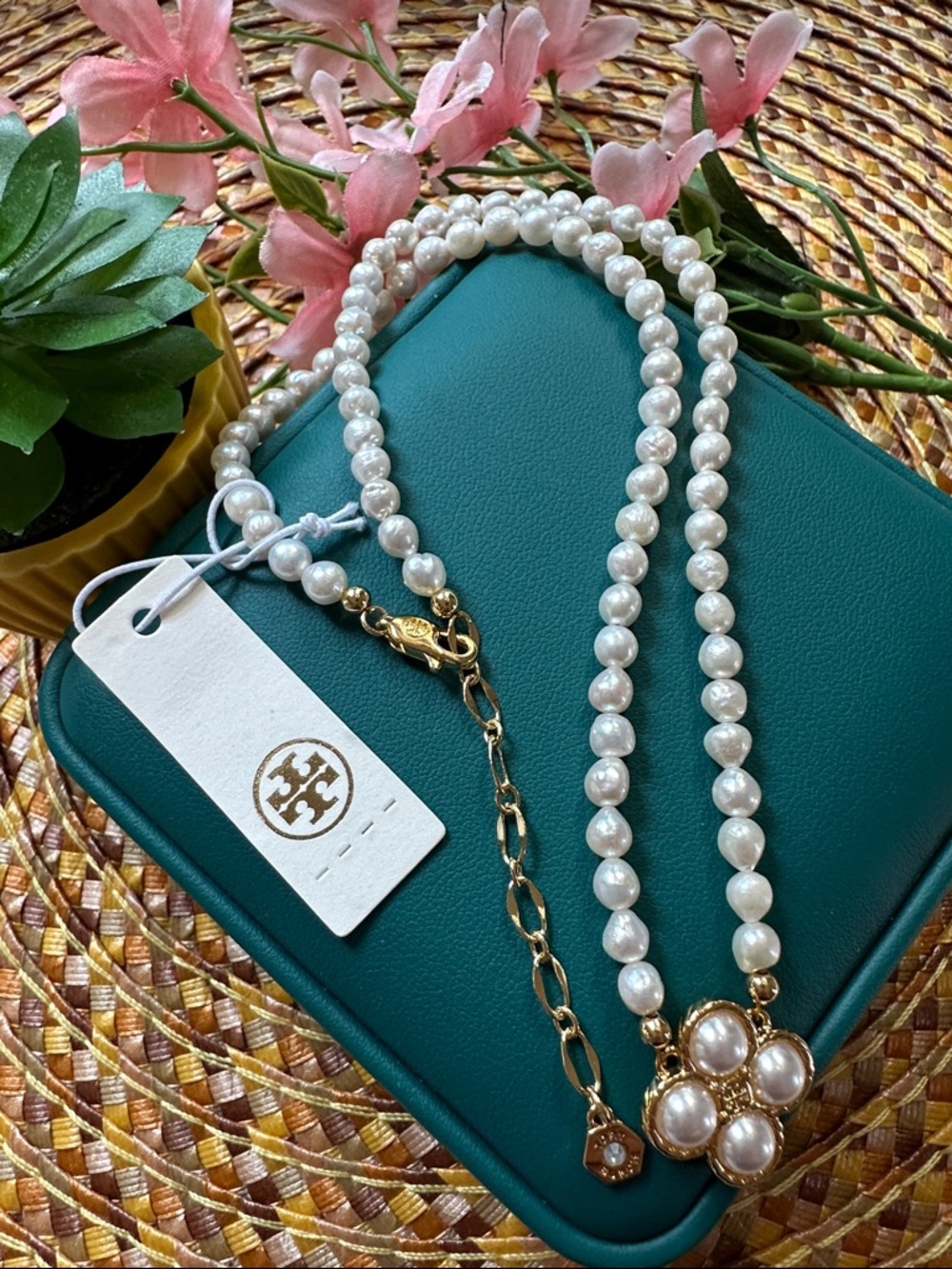 Tory Burch White Pearl Necklace with Gold Floral Cluster